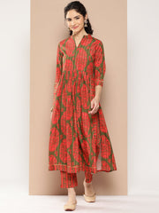 Green Floral Printed Pleated Gotta Patti Kurta with Trousers-AHKUPN-COMBO-685-ICH