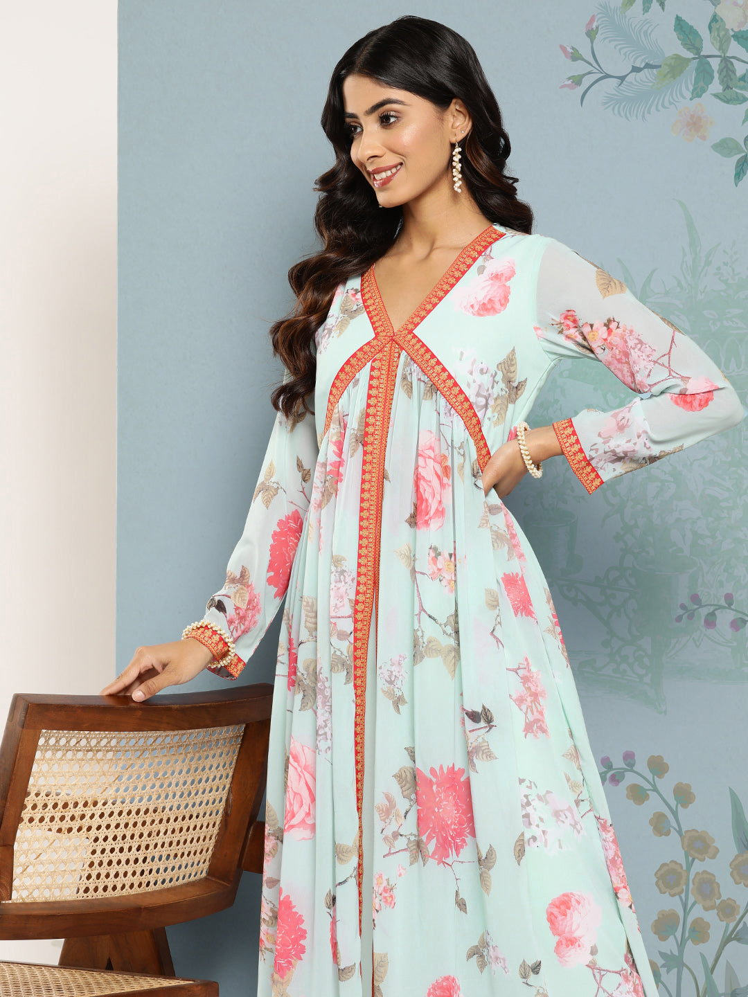 Floral Printed Empire Kurta With Trousers-AHKUPN-COMBO-727-ICH