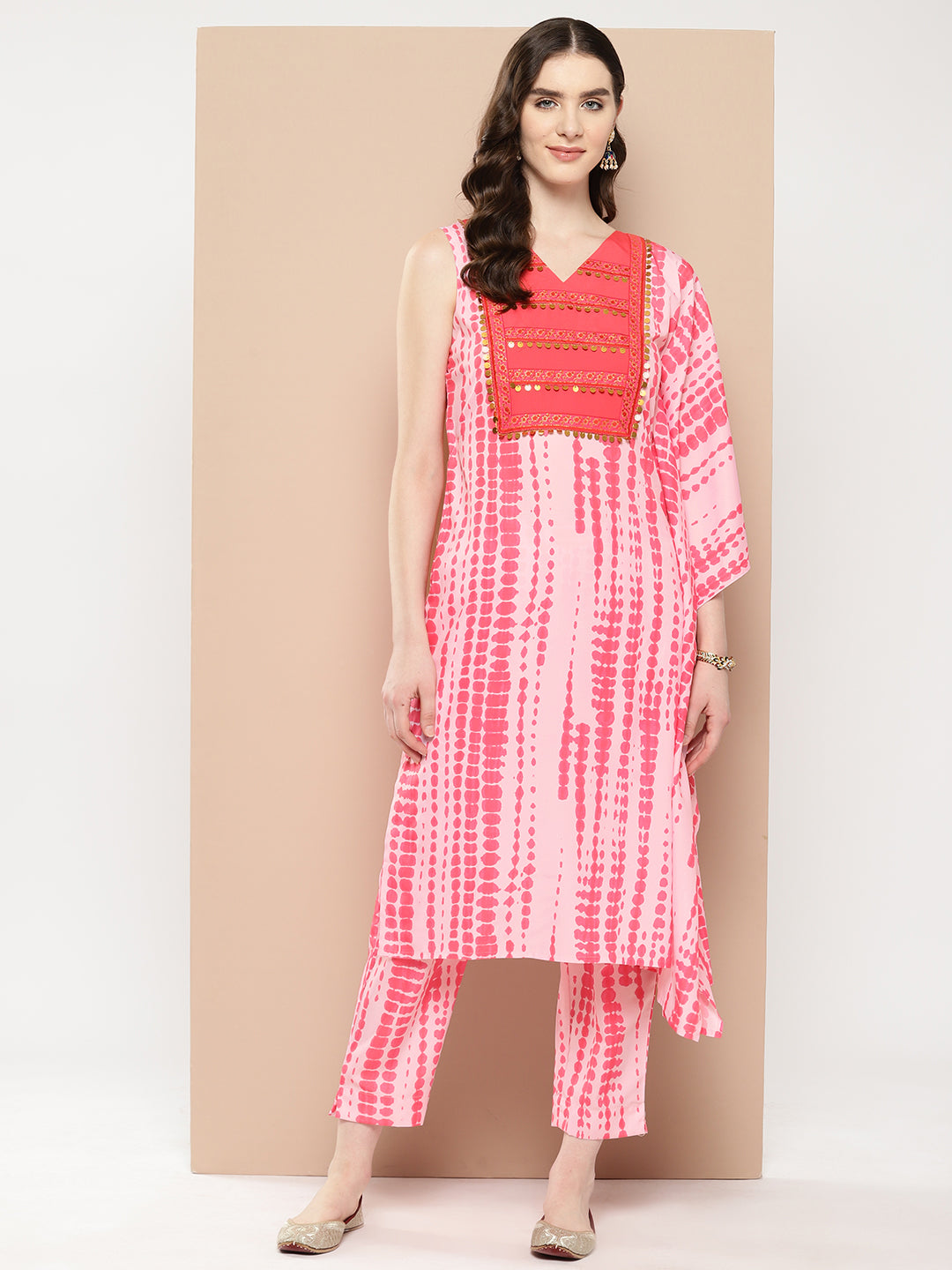 Printed One-Shoulder Flared Sleeve Sequinned Kurta with Trousers-AHKUPN-COMBO-765-ICH
