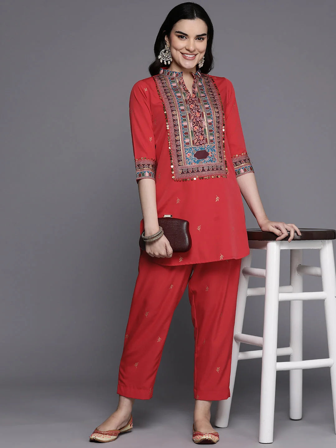 Ethnic Motifs Regular Sequinned Kurti with Trousers-AHKUPN-COMBO-875