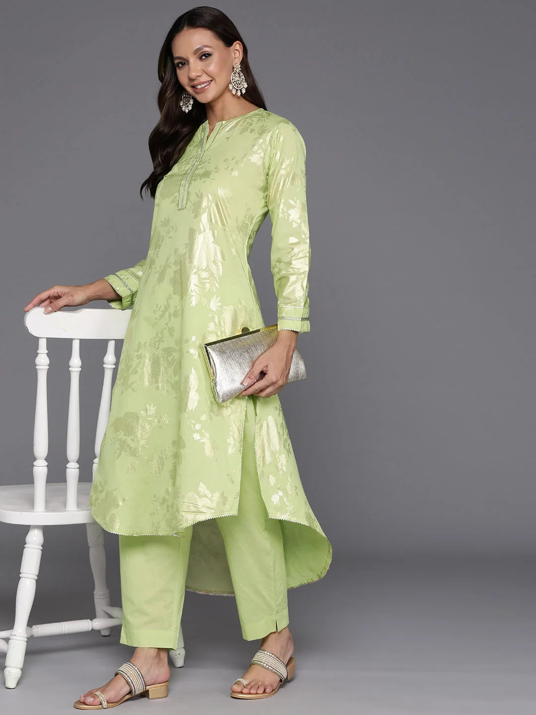 Women Floral Printed Regular Gotta Patti Pure Cotton Kurta with Trousers-AHKUPN-COMBO-918