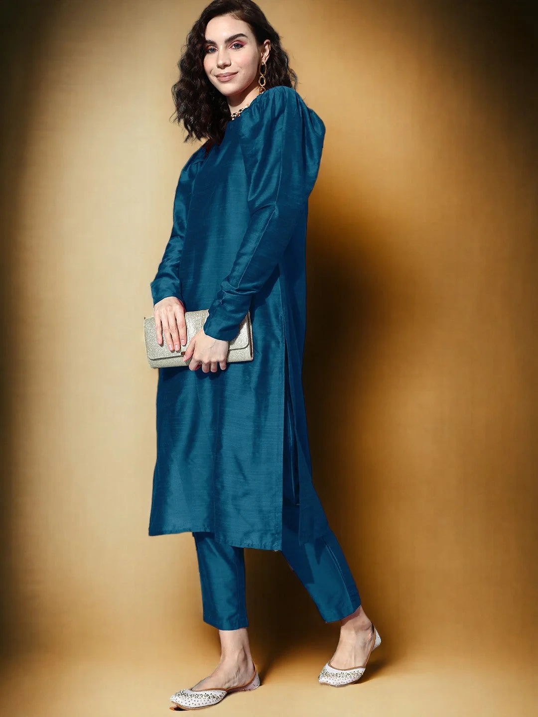 Silk Puffed Sleeve Kurta with Trousers | Women's Kurta Sets
