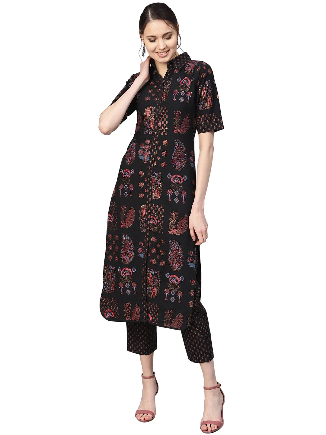 Black Printed Pathani Kurta Set | Women's Indian Kurta Sets
