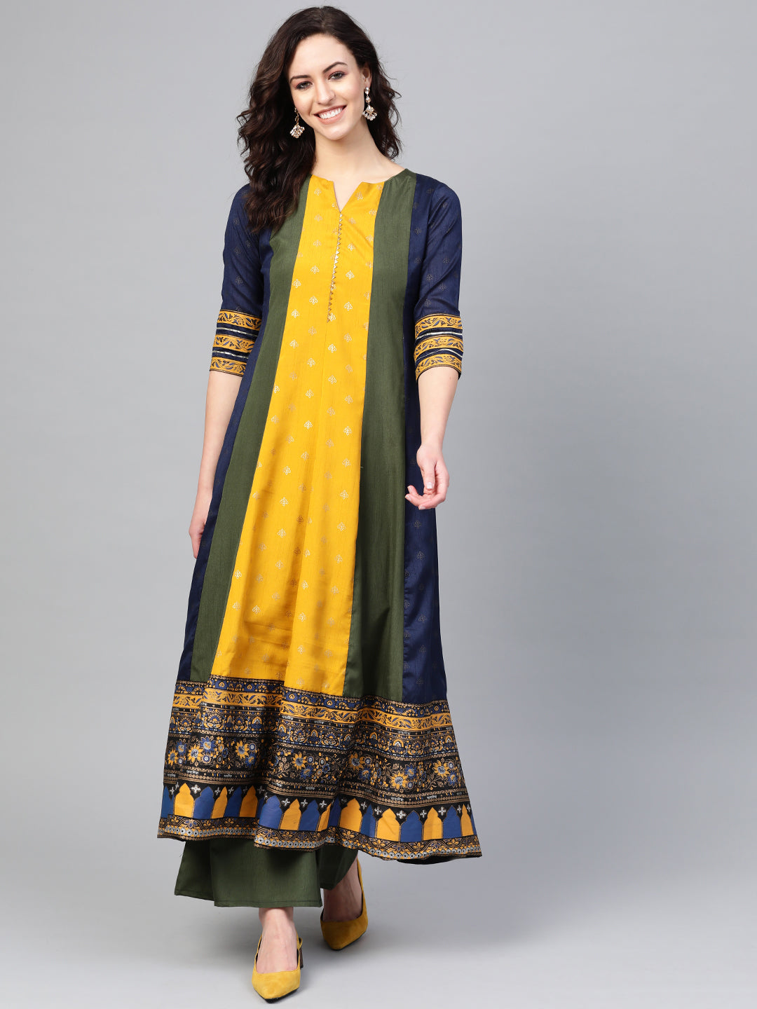 Green & Yellow Pleated Kurta Palazzo Pants Set for Women