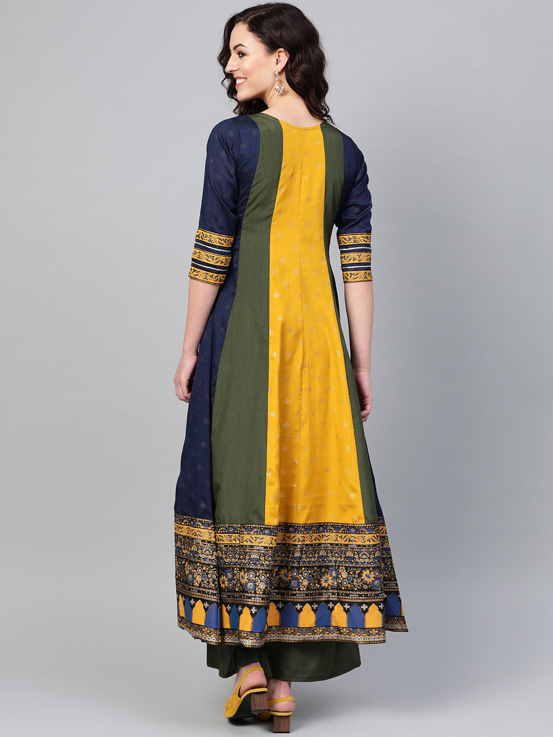 Green & Yellow Pleated Kurta Palazzo Pants Set for Women