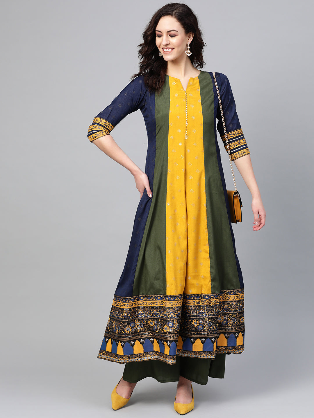 Green & Yellow Pleated Kurta Palazzo Pants Set for Women
