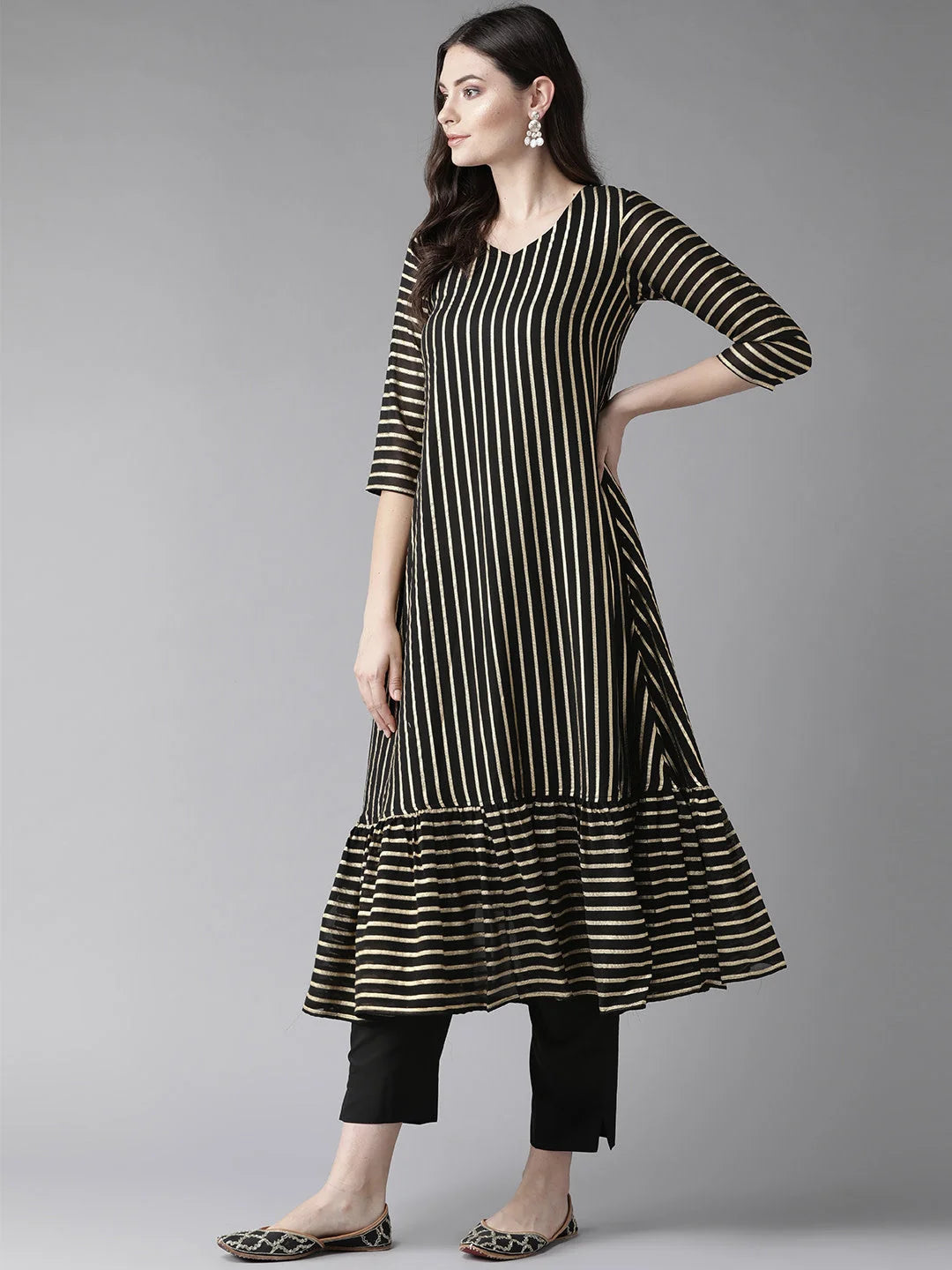 Black Striped Women's Kurta Sets with Trouser | Indian Fashion
