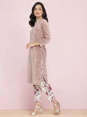 Lilac Solid Velvet Kurta & Floral Pant Set-AHKUPN-Combo-324