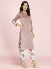 Lilac Solid Velvet Kurta & Floral Pant Set-AHKUPN-Combo-324