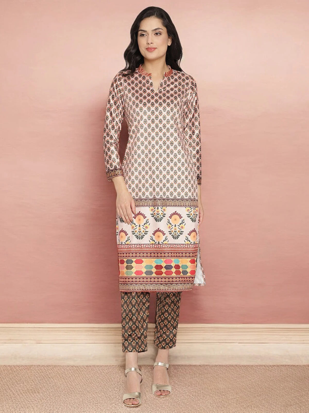 Off White & Green Velvet Kurta with Pant-AHKUPN-Combo-327