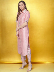 Pink Floral Printed Shirt Collar Kurta With Trouser-AHKUPN-Combo-91