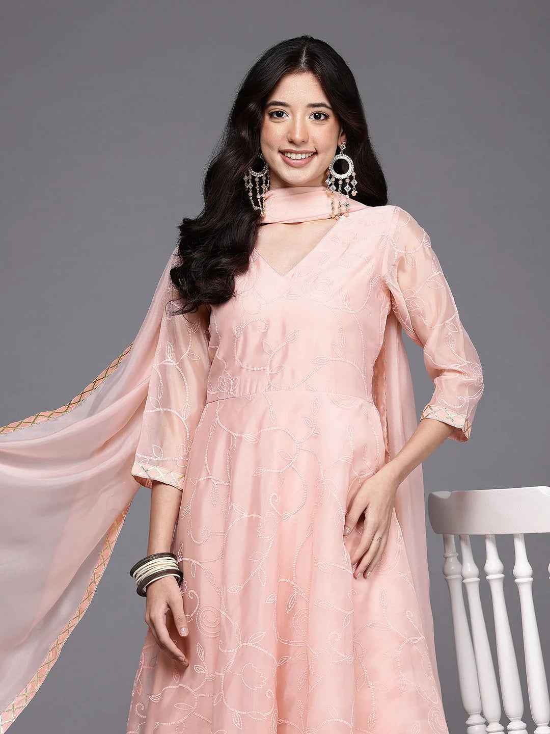 Womens Pink Organza Fusion Kurta Sets With Dupatta-AHKUPNDU-COMBO-1124