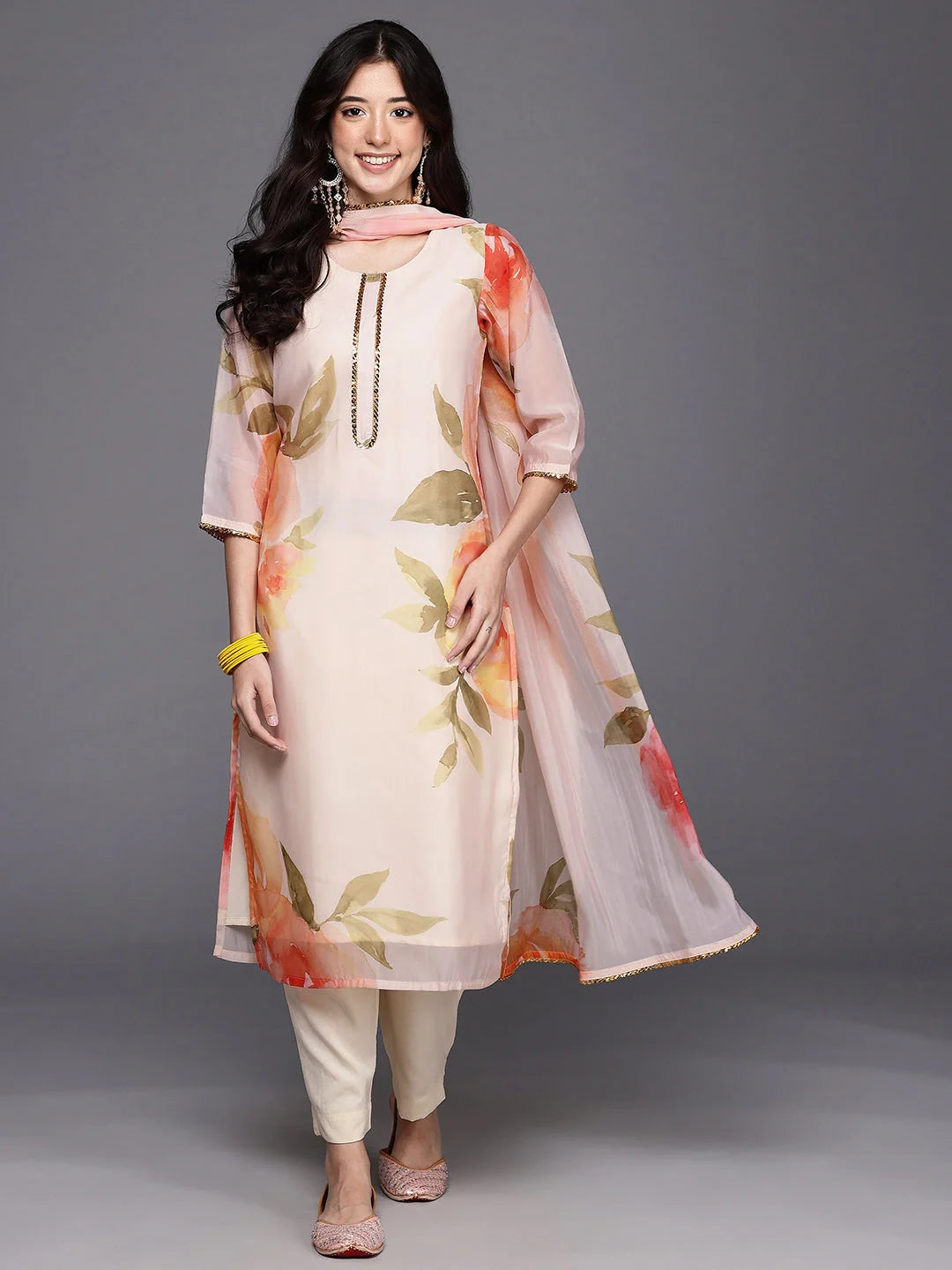 Womens Off White Organza Fusion Kurta Sets With Dupatta-AHKUPNDU-COMBO-1125