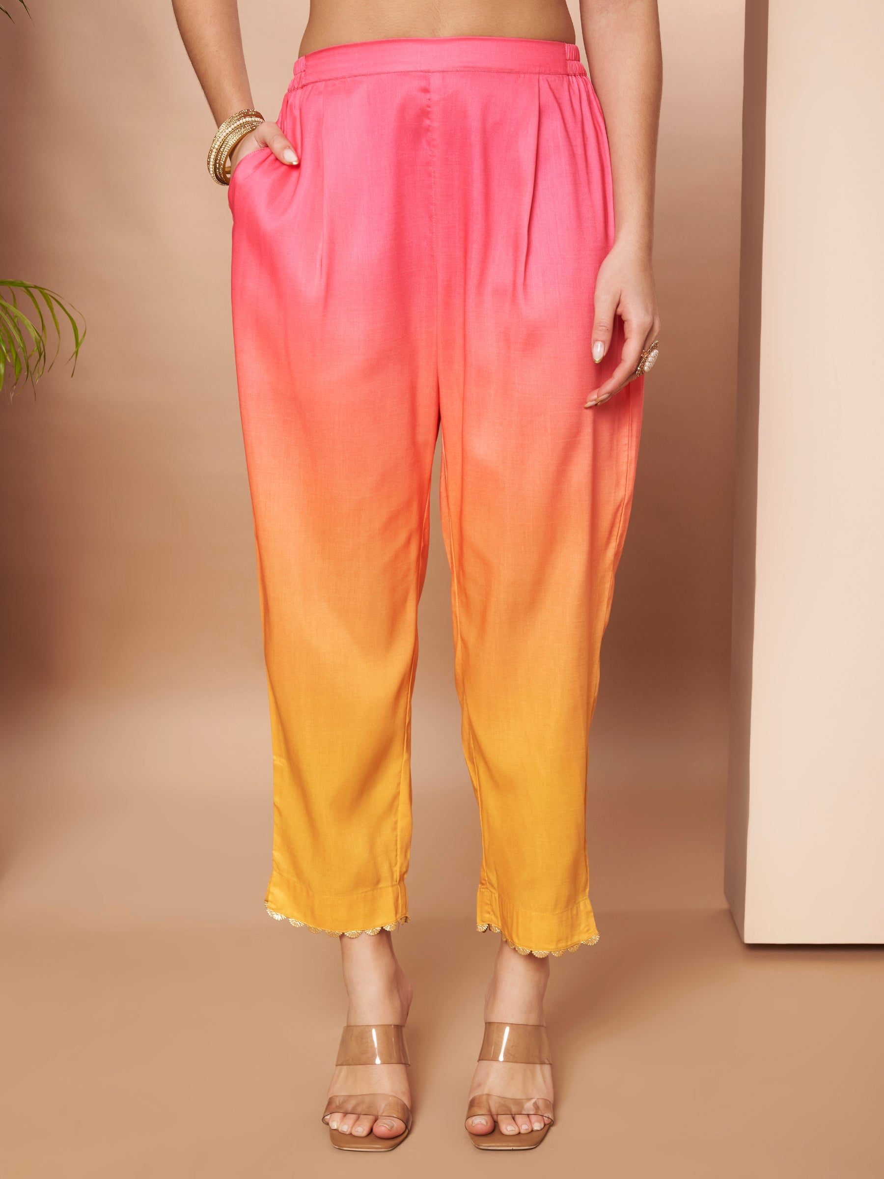 Women Ombre Dyed Regular Gotta Patti Kurta with Trousers & With Dupatta