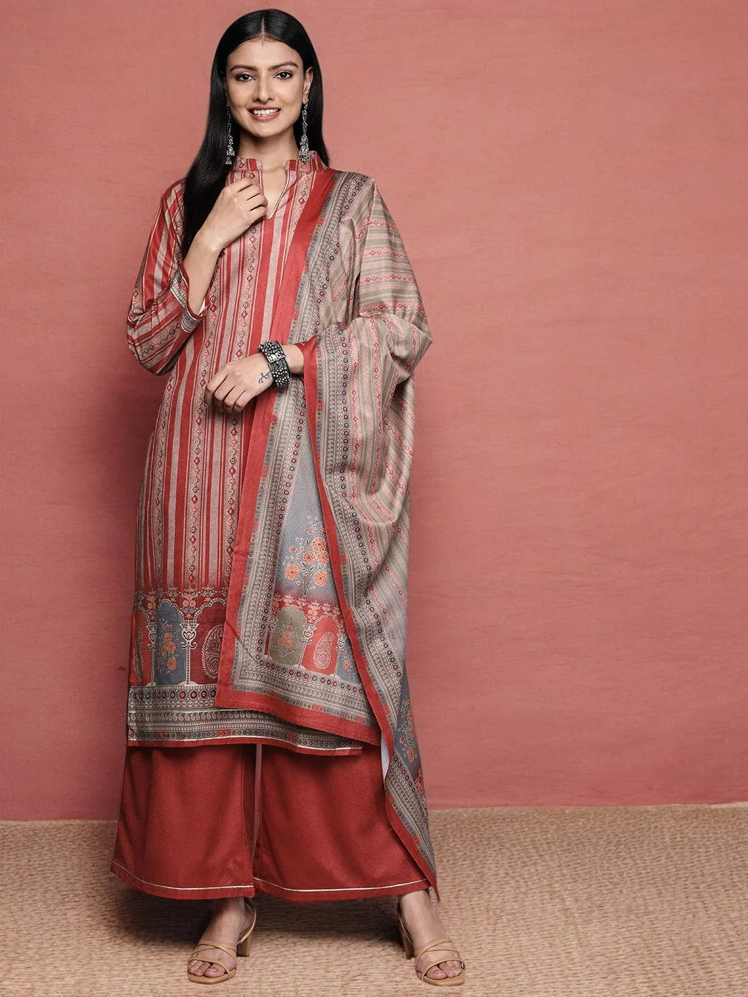 Maroon Printed Gotta Patti Velvet Kurta with Palazzos & With Dupatta-AHKUPNDU-COMBO-627