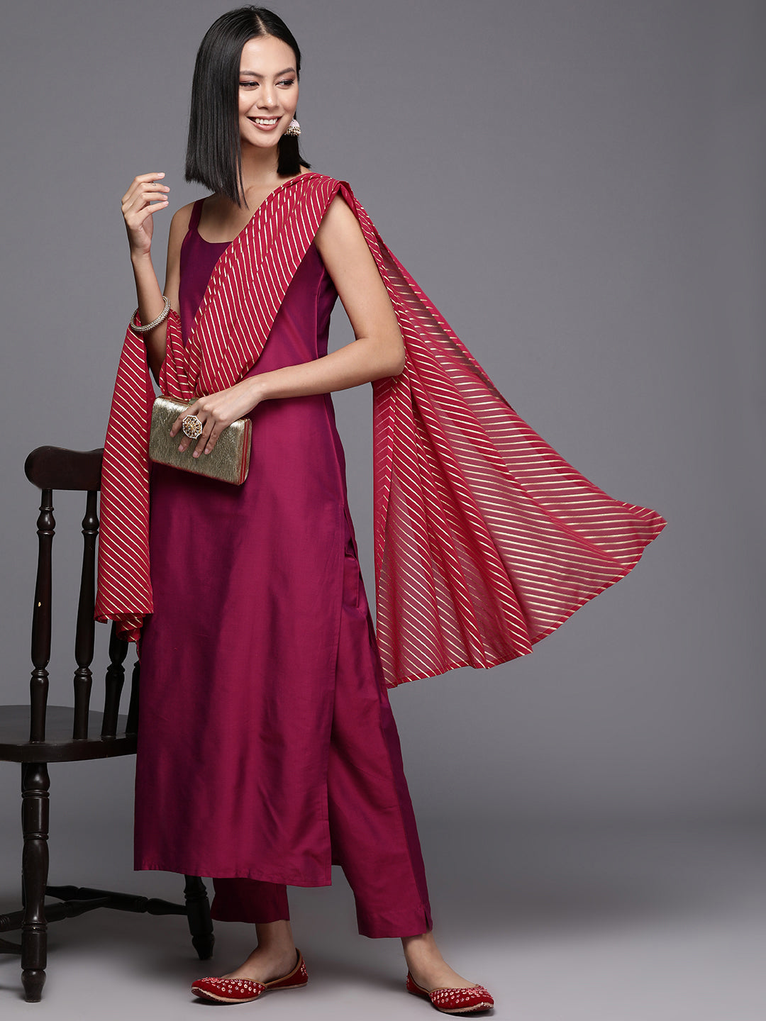 Burgundy Solid Silk Kurta with Printed Dupatta | Indian Set
