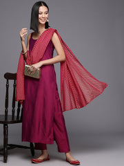 Burgundy Solid Kurta with Trousers & Printed Dupatta-AHKUPNDU-COMBO-780