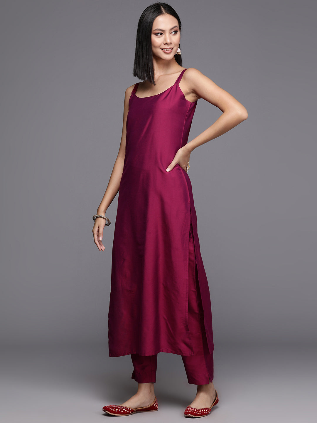 Burgundy Solid Silk Kurta with Printed Dupatta | Indian Set