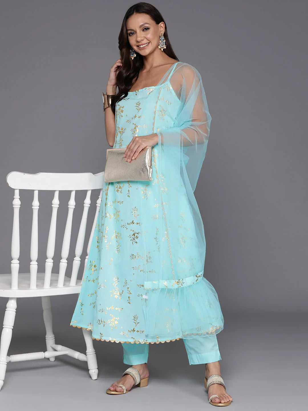 Women Floral Printed Panelled Gotta Patti Pure Cotton Kurta with Trousers & With Dupatta-AHKUPNDU-COMBO-917