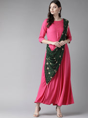 Dark Pink & Green Ethnic Dress-AHKUPRFP-848