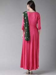 Dark Pink & Green Ethnic Dress-AHKUPRFP-848