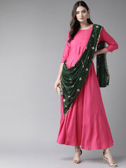 Dark Pink & Green Ethnic Dress-AHKUPRFP-848