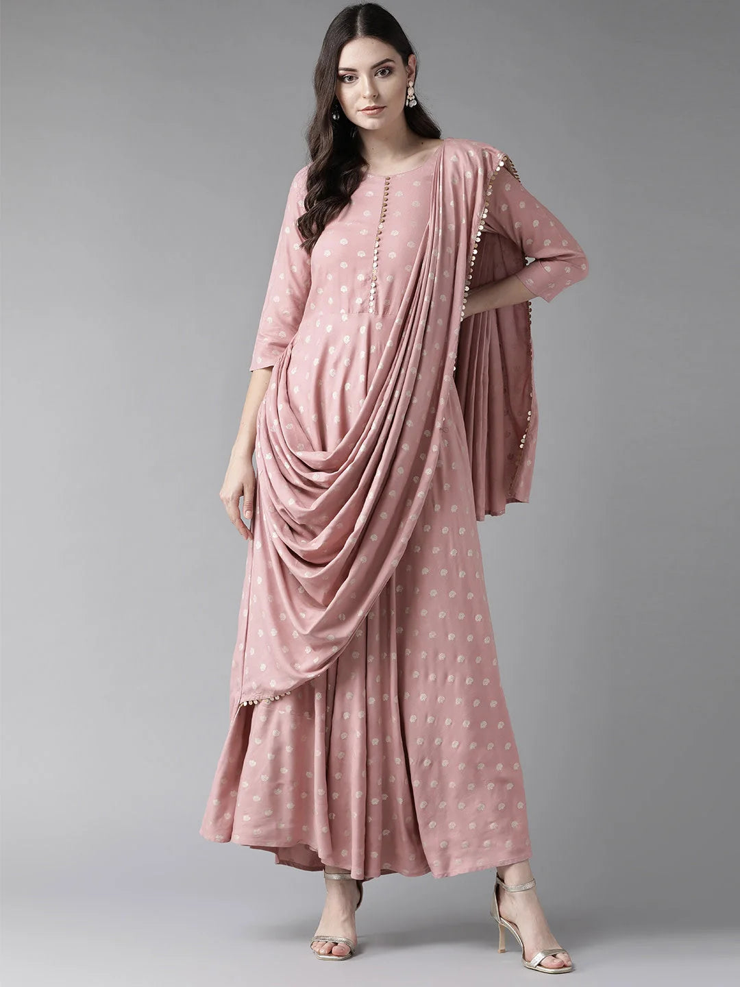 Pink & Golden Printed Maxi Dress With Attached Dupatta-AHKUPRGP-846