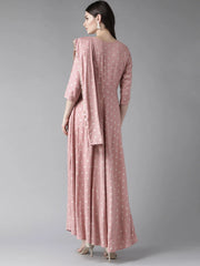 Pink & Golden Printed Maxi Dress With Attached Dupatta-AHKUPRGP-846