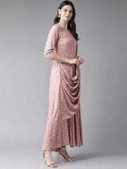 Pink & Golden Printed Maxi Dress With Attached Dupatta-AHKUPRGP-846