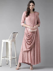 Pink & Golden Printed Maxi Dress With Attached Dupatta-AHKUPRGP-846