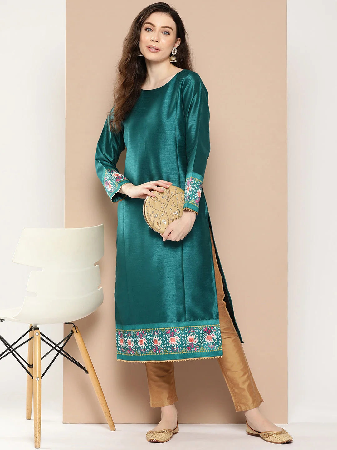 Teal Printed Gotta Patti Kurta-AHKUPSDP-1044-ICH