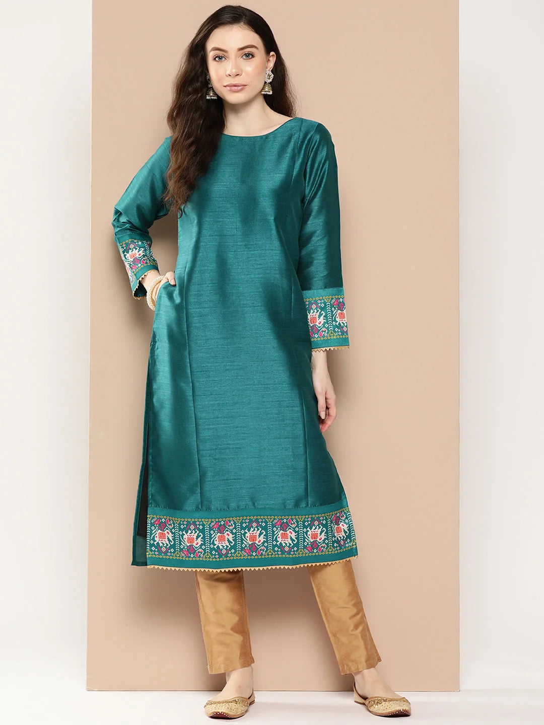 Teal Printed Gotta Patti Kurta | Elegant Indian Kurti - AHKUPSDP-1044