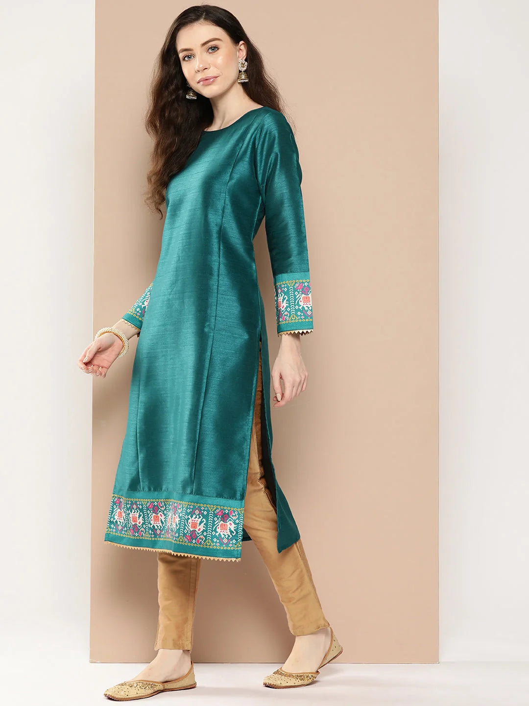 Teal Printed Gotta Patti Kurta | Elegant Indian Kurti - AHKUPSDP-1044