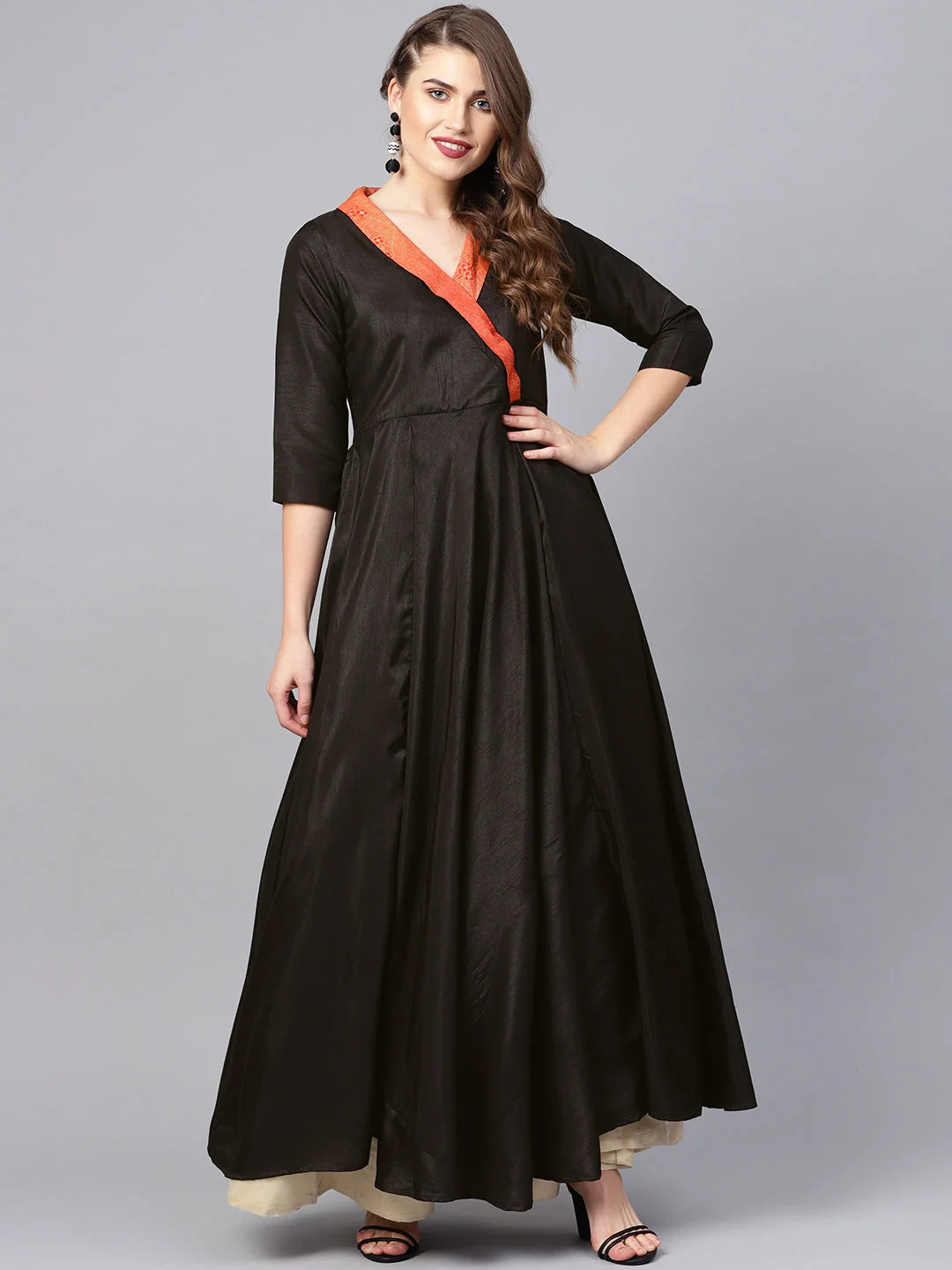 Black Plain A-Line Ethnic Dress-AHKUPSGP-828