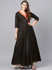 Black Plain A-Line Ethnic Dress-AHKUPSGP-828
