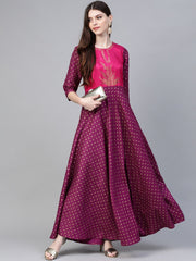 Purple & Golden Screen Printed Maxi Dress-AHKUPSGP-851