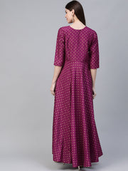 Purple & Golden Screen Printed Maxi Dress-AHKUPSGP-851