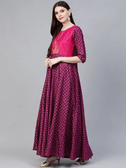 Purple & Golden Screen Printed Maxi Dress-AHKUPSGP-851