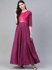 Purple & Golden Screen Printed Maxi Dress-AHKUPSGP-851