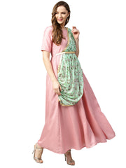 Pink & Green Solid Maxi Dress with Attached Dupatta-AHKUPSGRDP-727