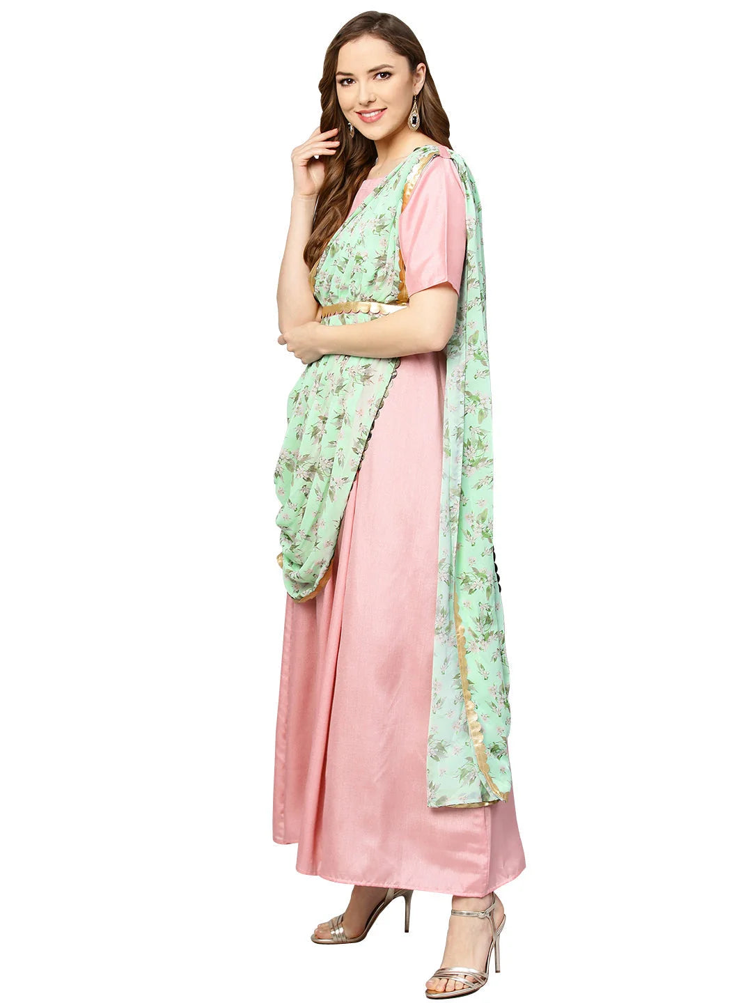 Pink & Green Maxi Dress with Dupatta | Indian Kurtis Design