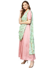 Pink & Green Solid Maxi Dress with Attached Dupatta-AHKUPSGRDP-727