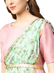Pink & Green Solid Maxi Dress with Attached Dupatta-AHKUPSGRDP-727