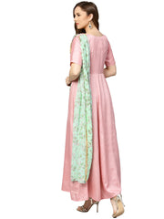 Pink & Green Solid Maxi Dress with Attached Dupatta-AHKUPSGRDP-727