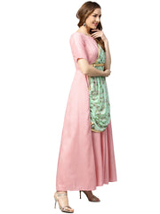Pink & Green Solid Maxi Dress with Attached Dupatta-AHKUPSGRDP-727