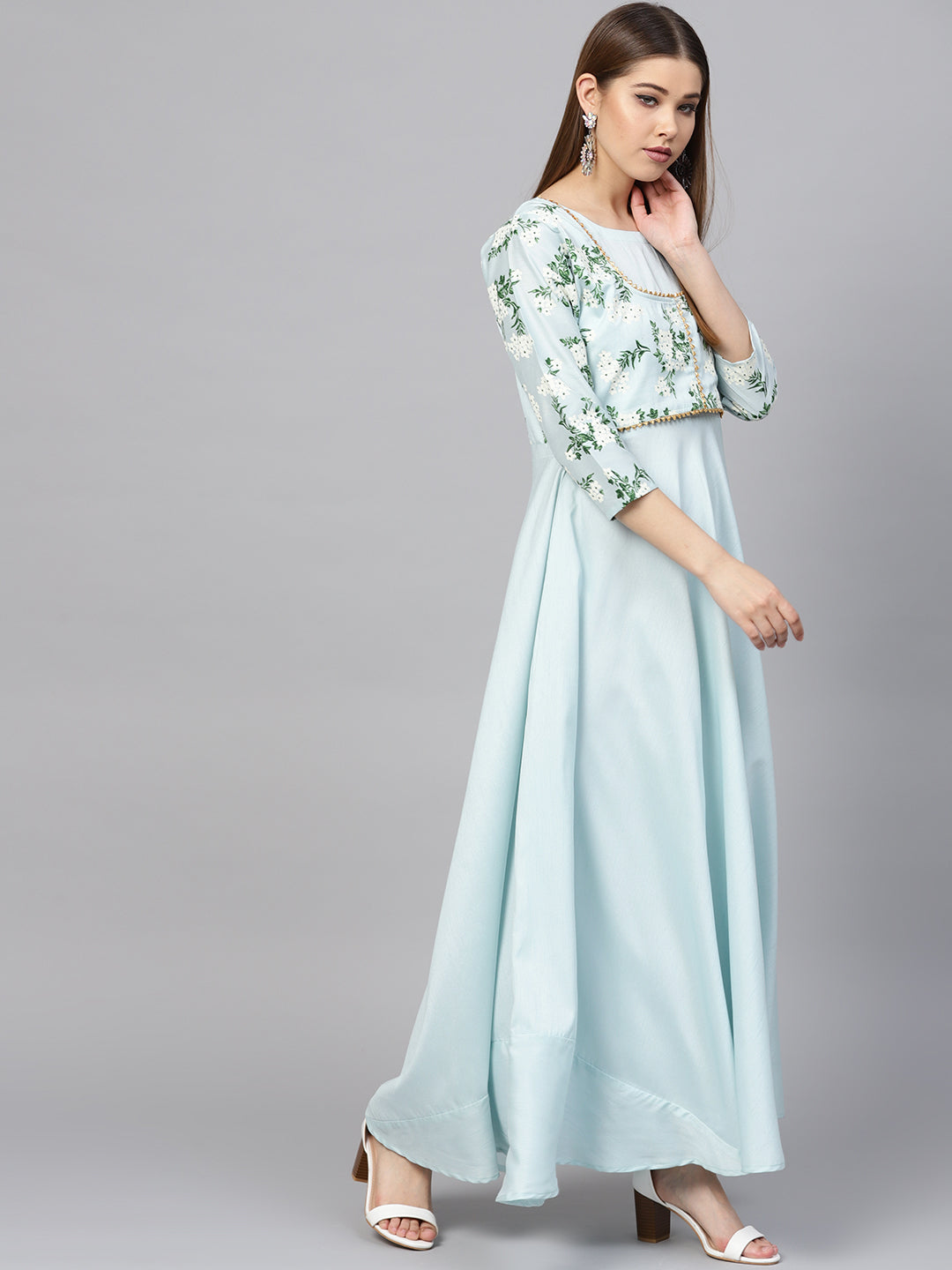 Sky Blue Printed Polyester A-Line Indian Kurta for Women