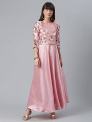 Pink Art Silk Solid Dress with Attached Floral Print Jacket-AHKUPSPG-884