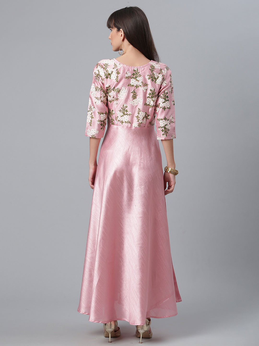 Pink Art Silk Dress with Floral Jacket | Indian Dresses Online