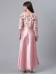 Pink Art Silk Solid Dress with Attached Floral Print Jacket-AHKUPSPG-884