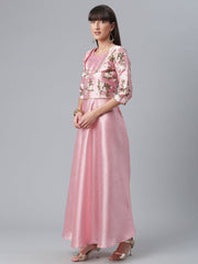 Pink Art Silk Solid Dress with Attached Floral Print Jacket-AHKUPSPG-884